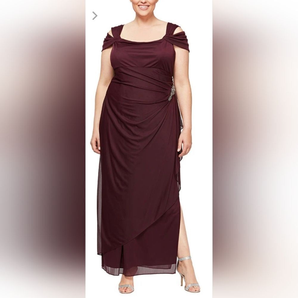 Alex Evenings Cold Shoulder Mesh Dress with Cowl Neckline NWT sz 18 Wine/Purple